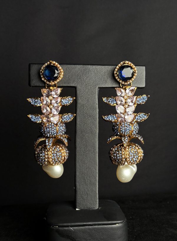 Opulent Cascade Crystal & Pearl Statement Earrings Blue