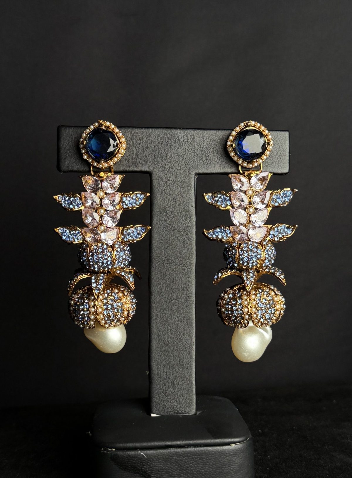 Opulent Cascade Crystal & Pearl Statement Earrings Blue