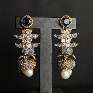 Opulent Cascade Crystal & Pearl Statement Earrings Blue