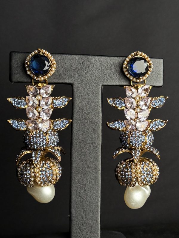 Opulent Cascade Crystal & Pearl Statement Earrings Blue