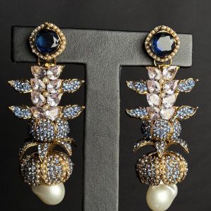 Opulent Cascade Crystal & Pearl Statement Earrings Blue