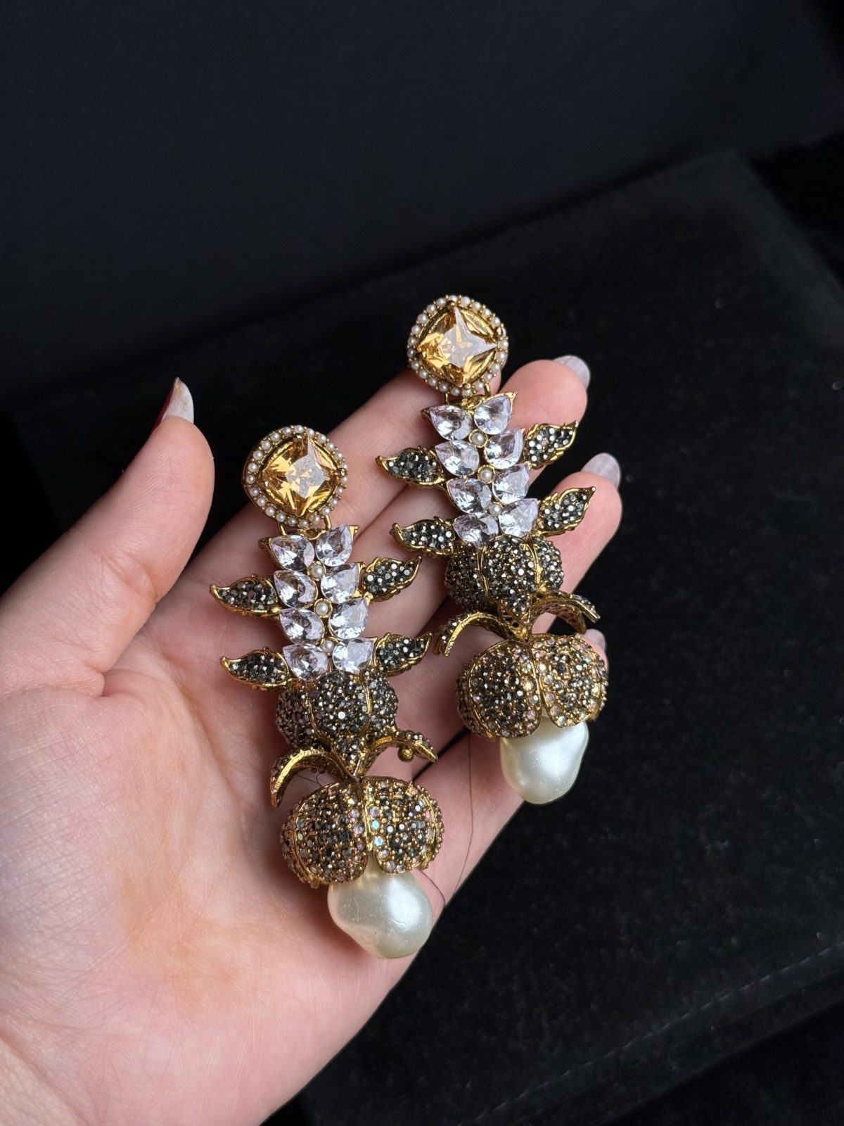 Opulent Cascade Crystal & Pearl Statement Earrings Champagne