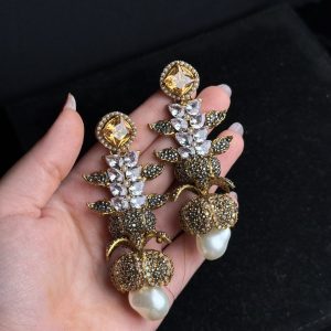 Opulent Cascade Crystal & Pearl Statement Earrings Champagne