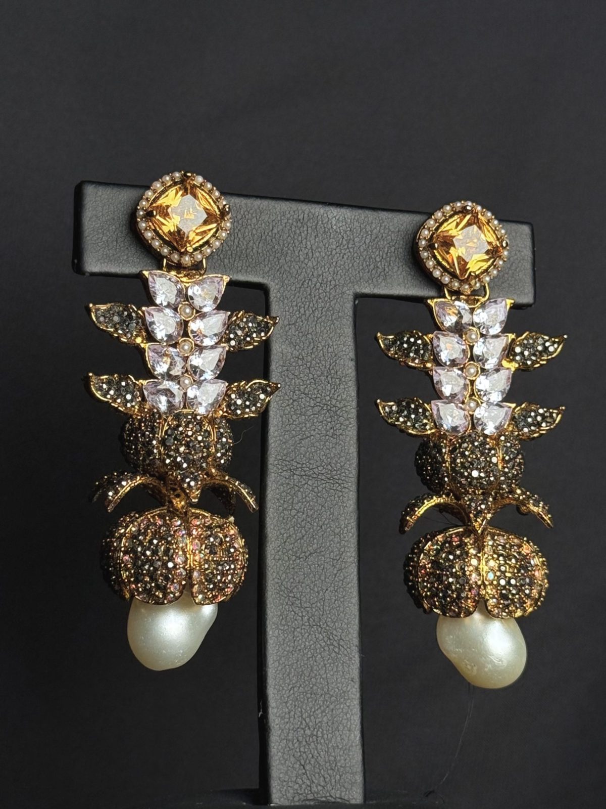 Opulent Cascade Crystal & Pearl Statement Earrings Champagne