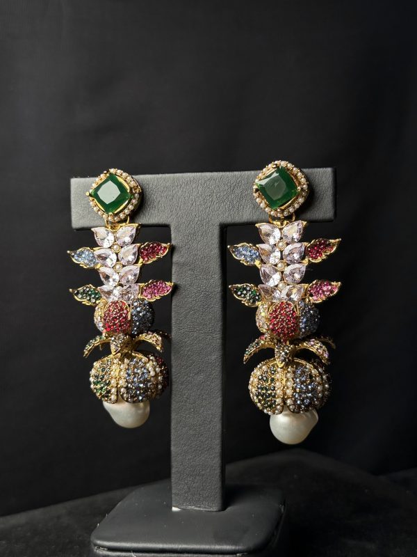 Opulent Cascade Crystal & Pearl Statement Earrings Green