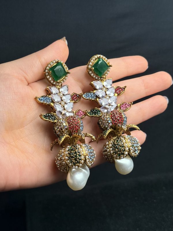 Opulent Cascade Crystal & Pearl Statement Earrings Green