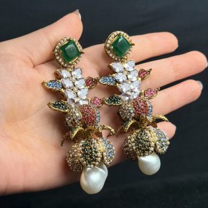 Opulent Cascade Crystal & Pearl Statement Earrings Green