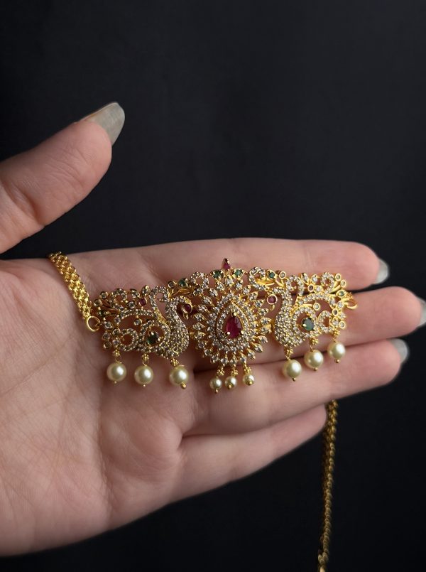 South Indian peacock choker set with stones and jhumka earrings