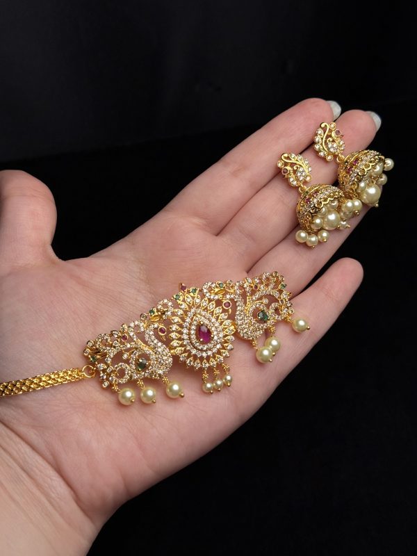 South Indian peacock choker set with stones and jhumka earrings