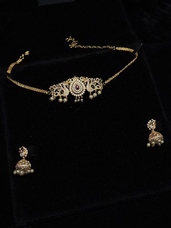 South Indian peacock choker set with stones and jhumka earrings