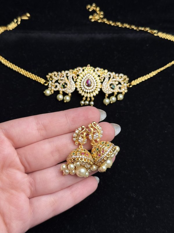 South Indian peacock choker set with stones and jhumka earrings