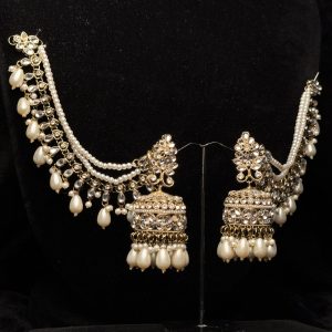 Trikon jhumka earrings with pearl drops and sahara chains