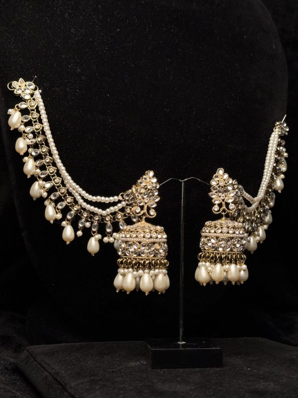 Trikon jhumka earrings with pearl drops and sahara chains