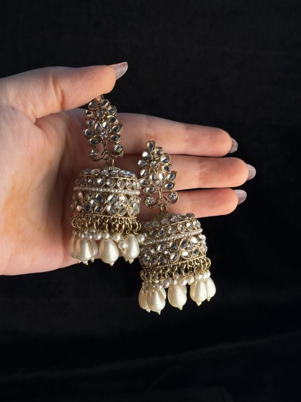 Trikon jhumka earrings with pearl drops and sahara chains