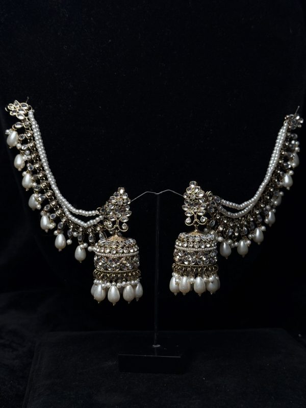 Trikon jhumka earrings with pearl drops and sahara chains
