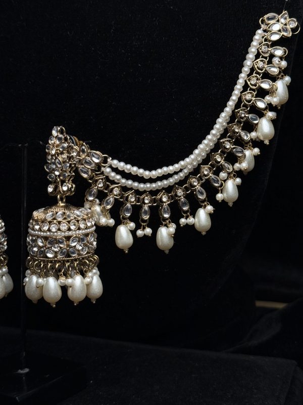 Trikon jhumka earrings with pearl drops and sahara chains