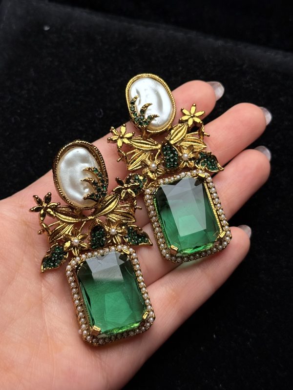 Victorian Bloom Pearl & Gemstone Drop Earrings Green