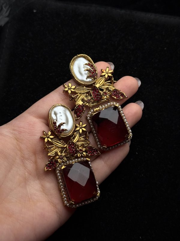 Victorian Bloom Pearl & Gemstone Drop Earrings oxblood red