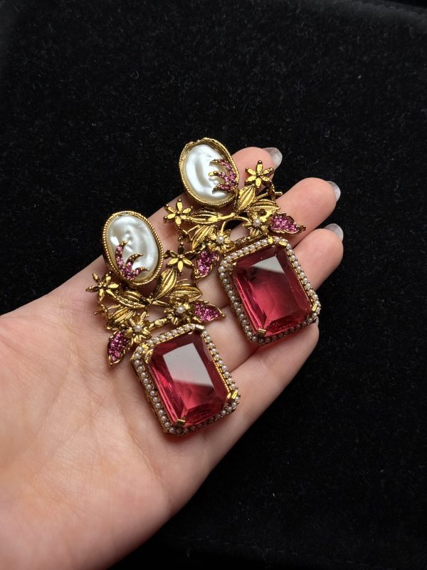 Victorian Bloom Pearl & Gemstone Drop Earrings watermelon pink