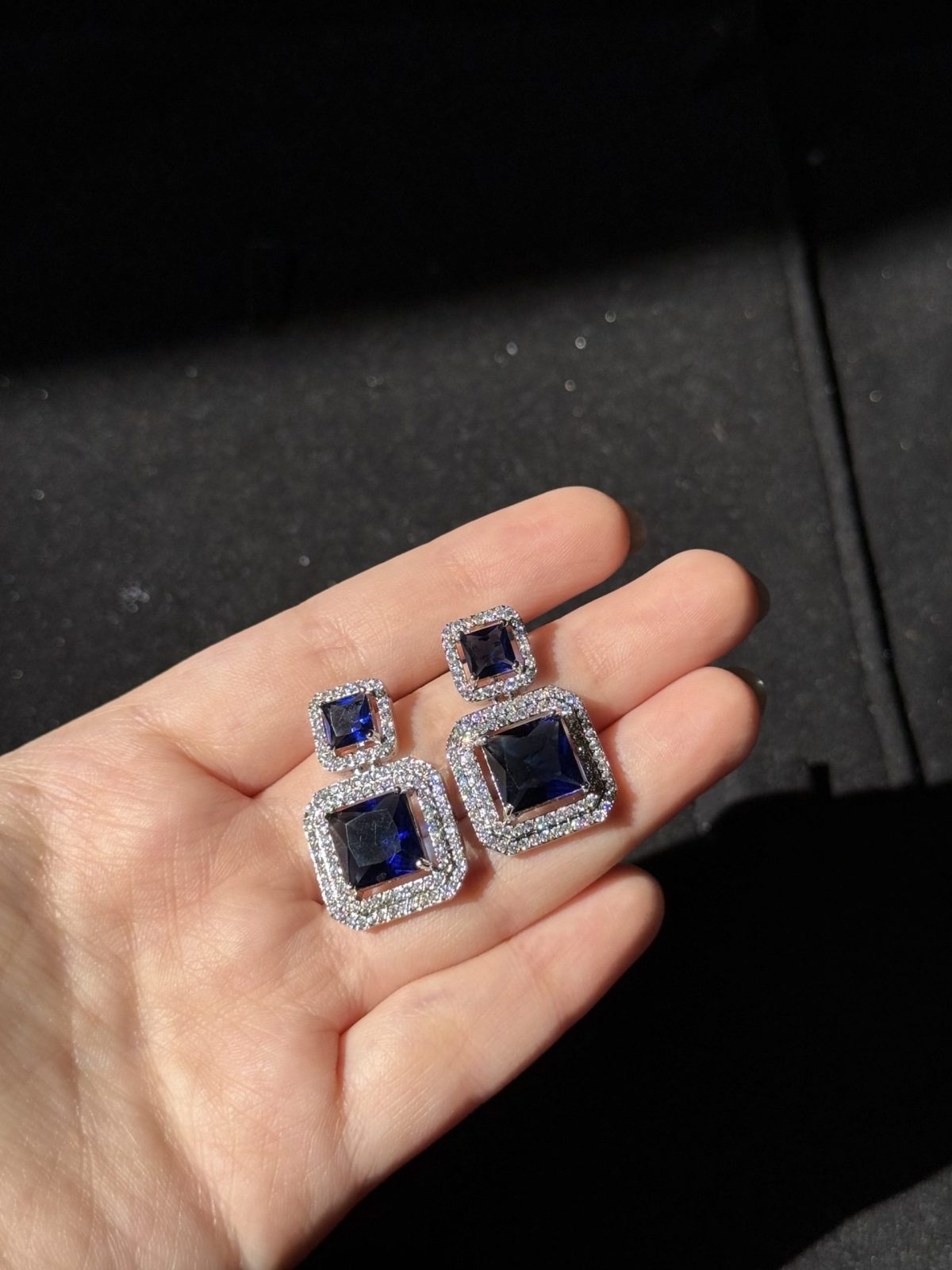 Square Cushion Crystal Stud dark blue