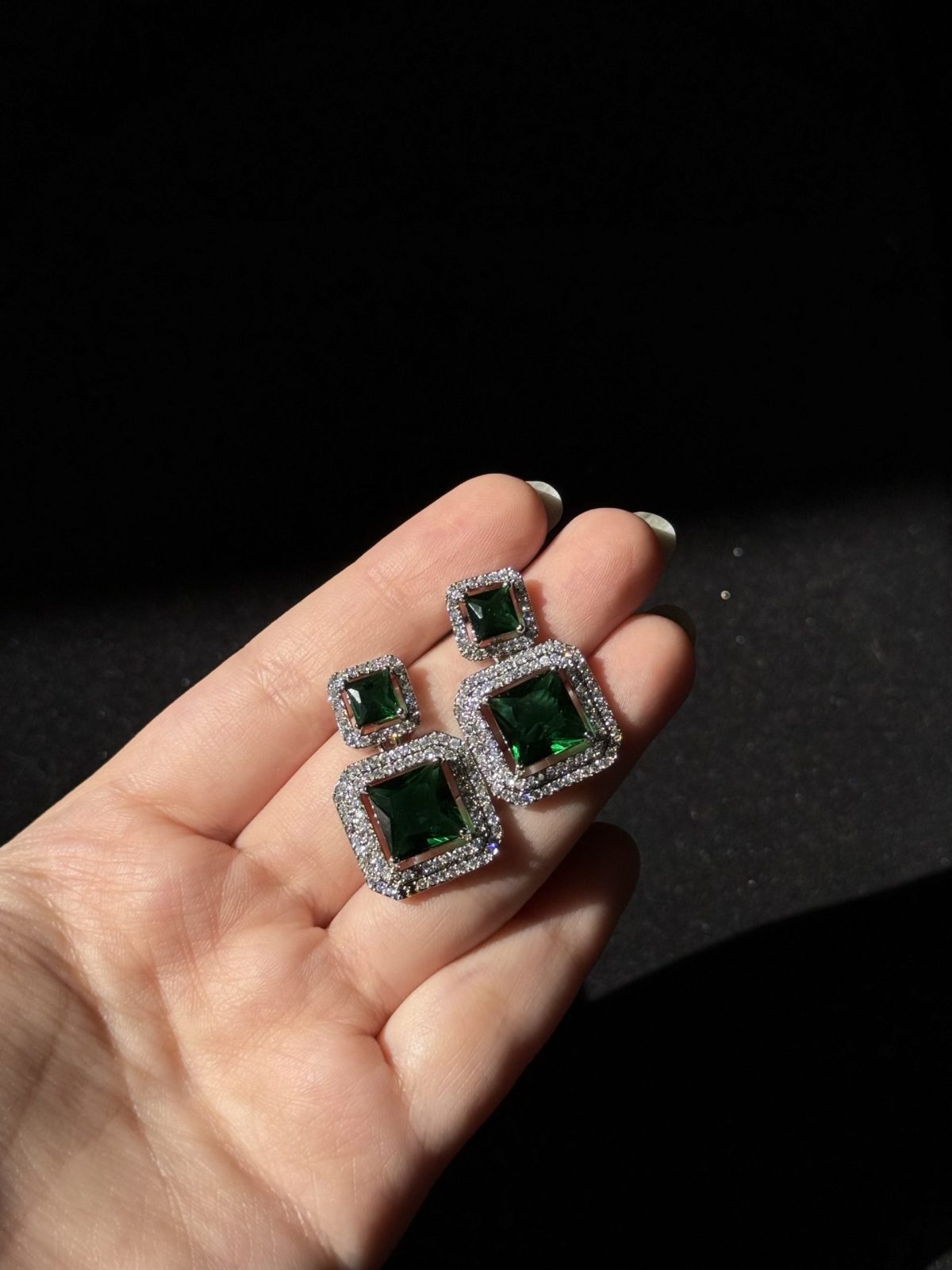 Square Cushion Crystal Stud emerald green