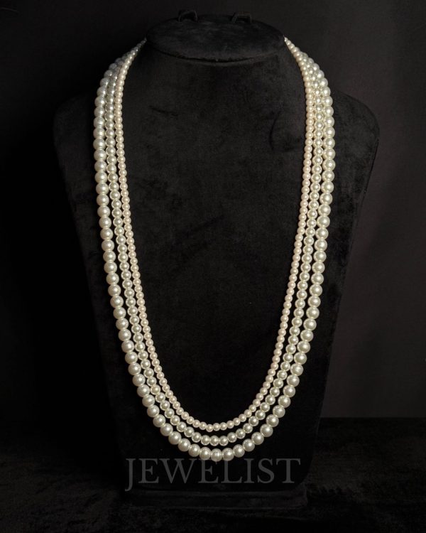Three strand classic white pearl long necklace (mala)