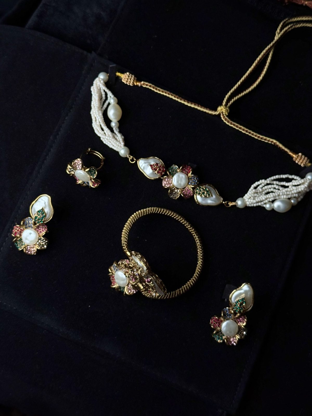 Amara Black Bloom Jewellery Set in Multi color (Necklace, Earrings, Ring, Bracelet) - Jewelist.pk (Fashion Jewellery)