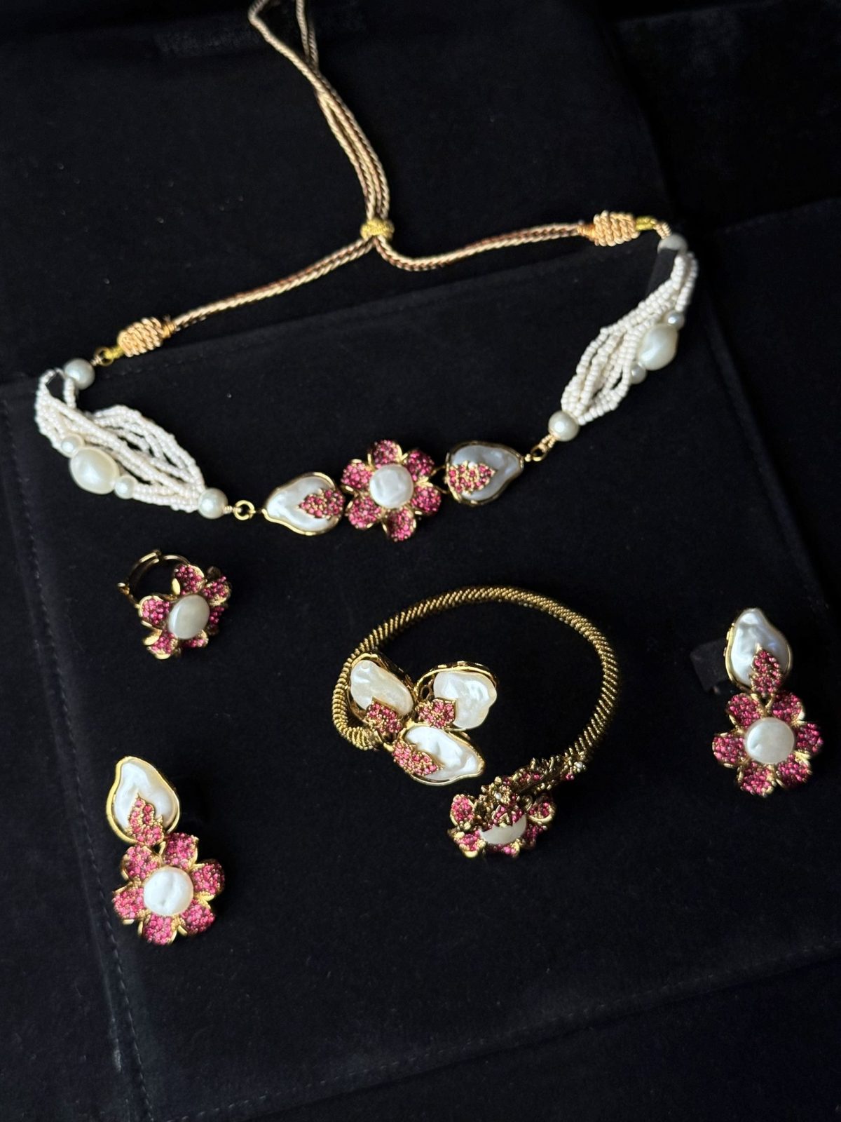 Amara Black Bloom Jewellery Set in Pink (Necklace, Earrings, Ring, Bracelet) - Jewelist.pk (Fashion Jewellery)
