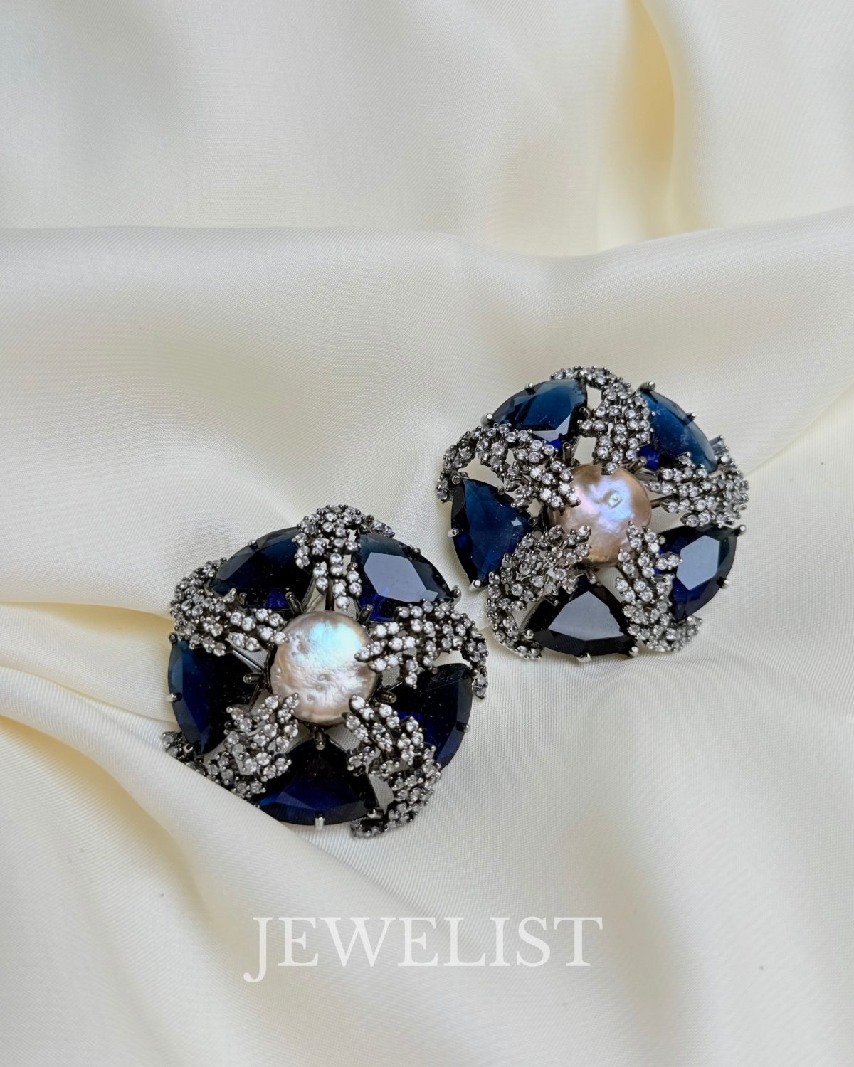 Azure Mother of Pearl Stud Earrings with Dark Blue Stones - Jewelist.pk Artificial Jewellery