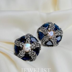 Azure Mother of Pearl Stud Earrings with Dark Blue Stones - Jewelist.pk Artificial Jewellery