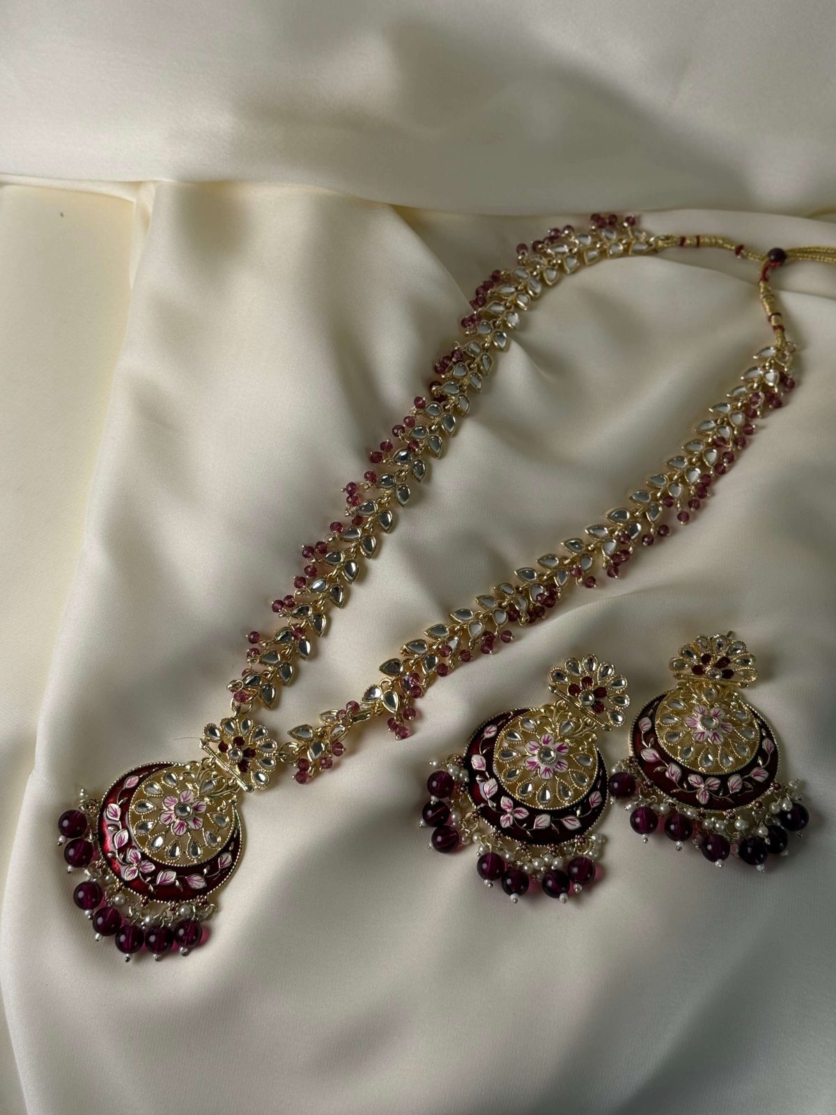 Berry Kundan & Pearl Long Jewellery Mala Set (Necklace & Earrings) - Jewelist.pk (Fashion Jewellery)