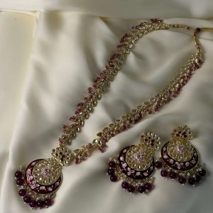 Berry Kundan & Pearl Long Jewellery Mala Set (Necklace & Earrings) - Jewelist.pk (Fashion Jewellery)