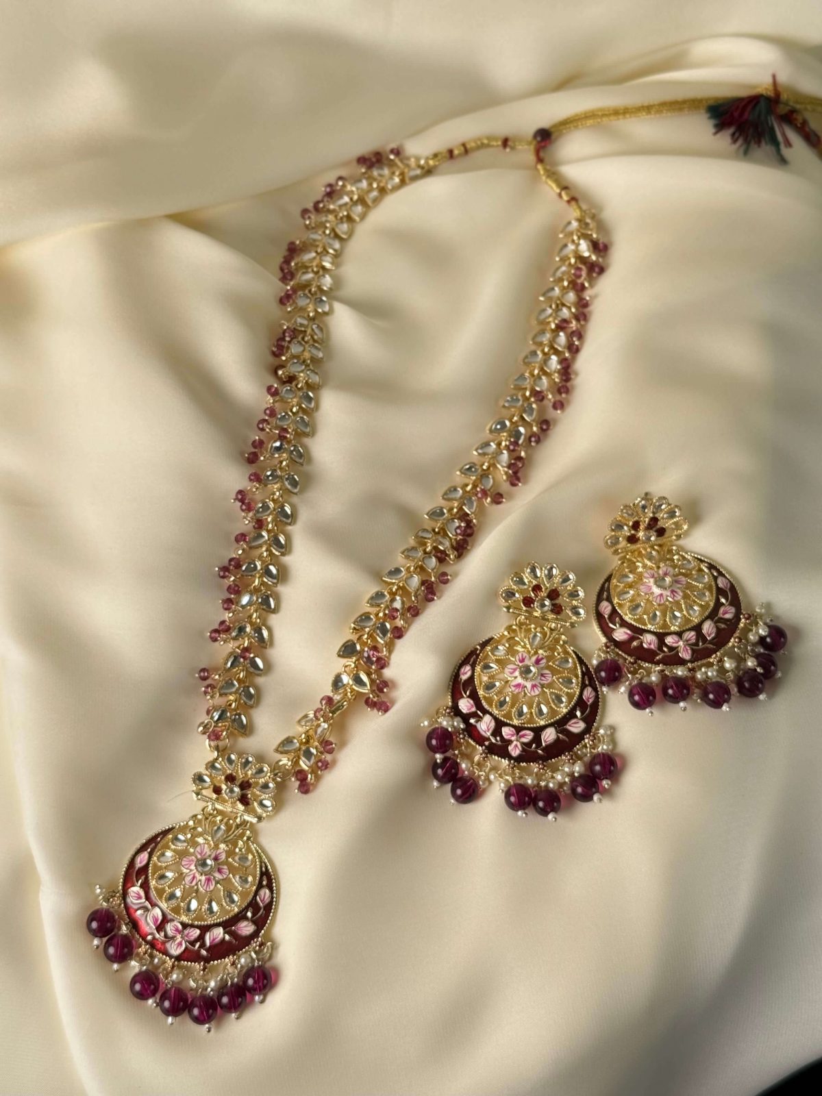 Berry Kundan & Pearl Long Jewellery Mala Set (Necklace & Earrings) - Jewelist.pk (Fashion Jewellery)