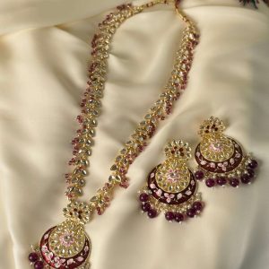 Berry Kundan & Pearl Long Jewellery Mala Set (Necklace & Earrings) - Jewelist.pk (Fashion Jewellery)