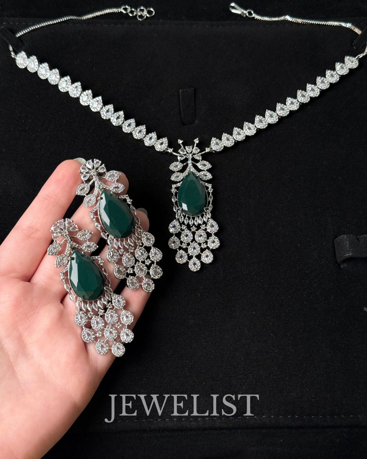 Emerald Gala Necklace and Earrings Set - Green Stone Artificial Jewellery by Jewelist.pk