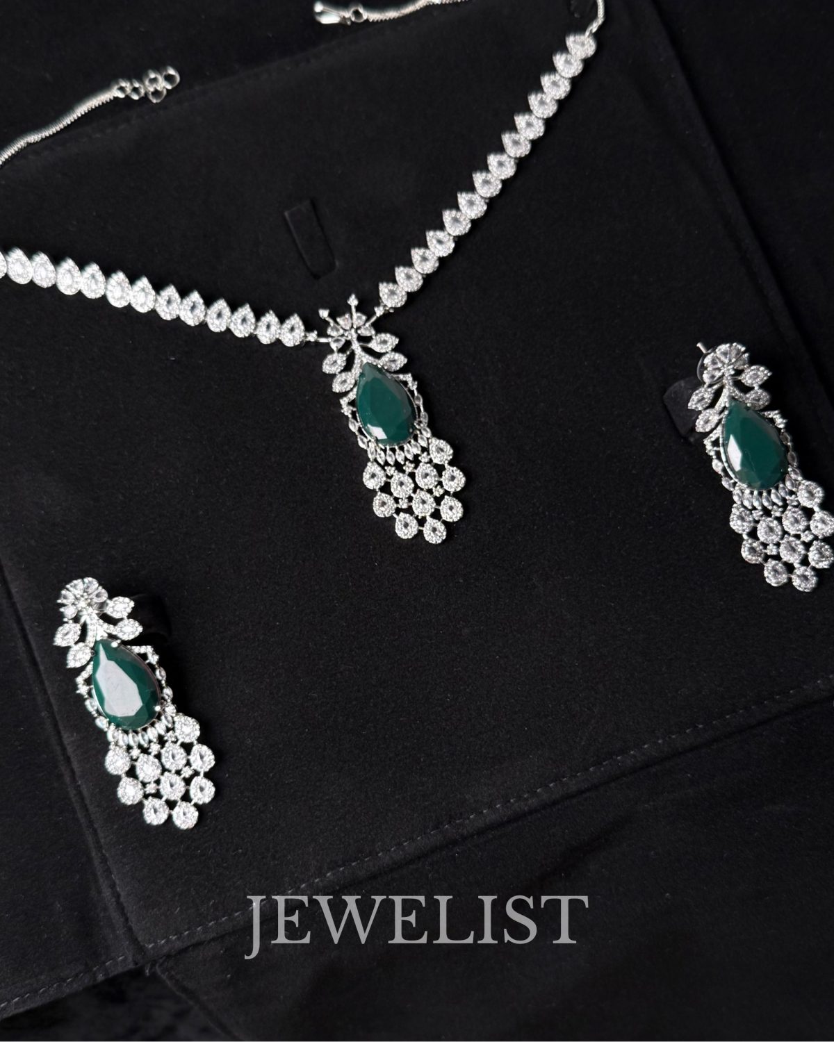 Emerald Gala Necklace and Earrings Set - Green Stone Artificial Jewellery by Jewelist.pk