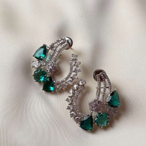 Galaxy Silver Hoop Studs with Emerald Green Gemstones - Jewelist.pk (Fashion Jewellery)