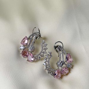 Galaxy Silver Hoop Studs with Pink Gemstones - Jewelist.pk (Fashion Jewellery)