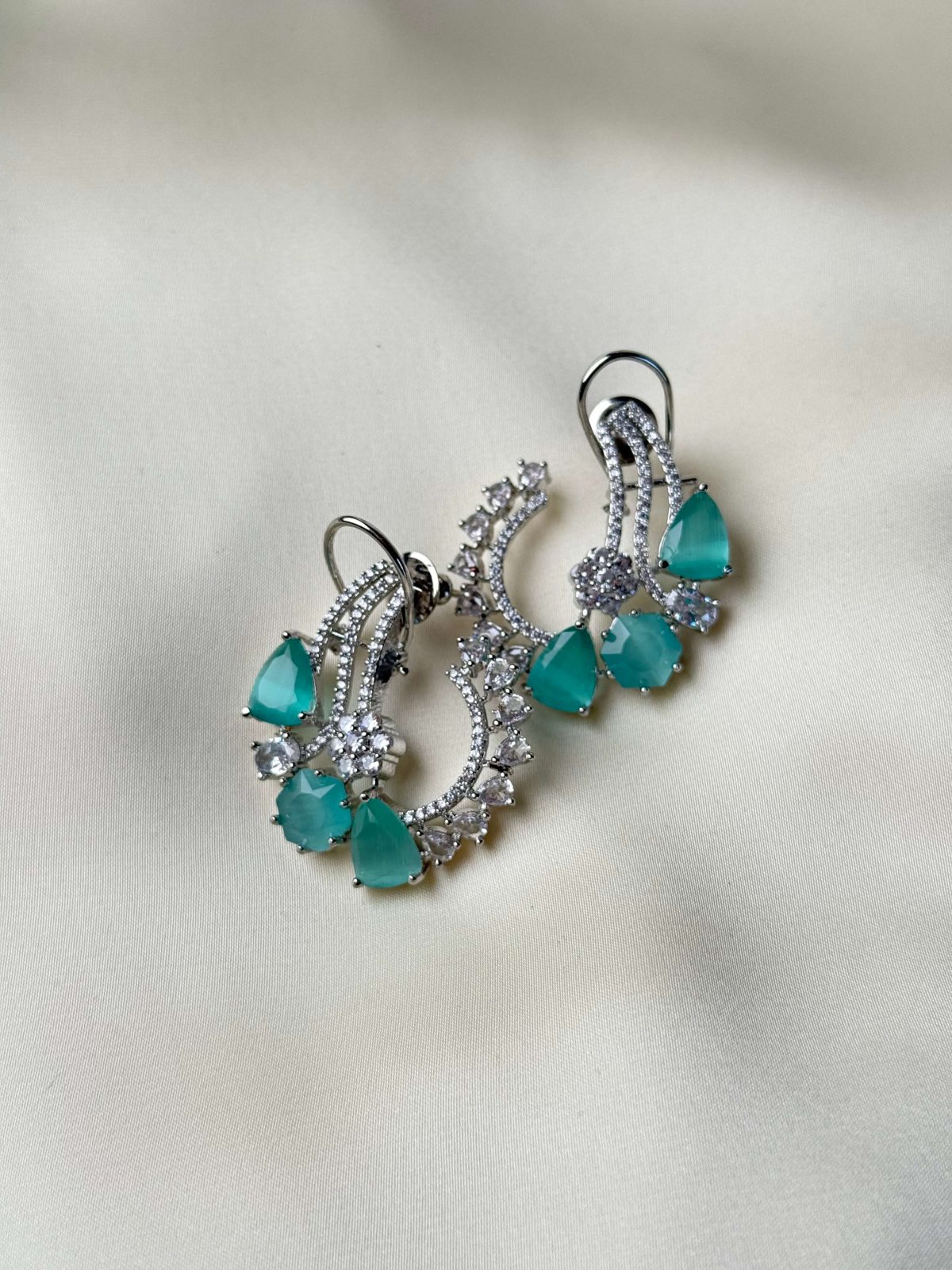 Galaxy Silver Hoop Studs with Sea Green Gemstones - Jewelist.pk (Fashion Jewellery)
