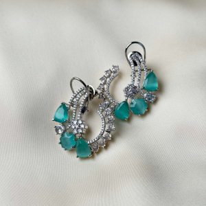 Galaxy Silver Hoop Studs with Sea Green Gemstones - Jewelist.pk (Fashion Jewellery)