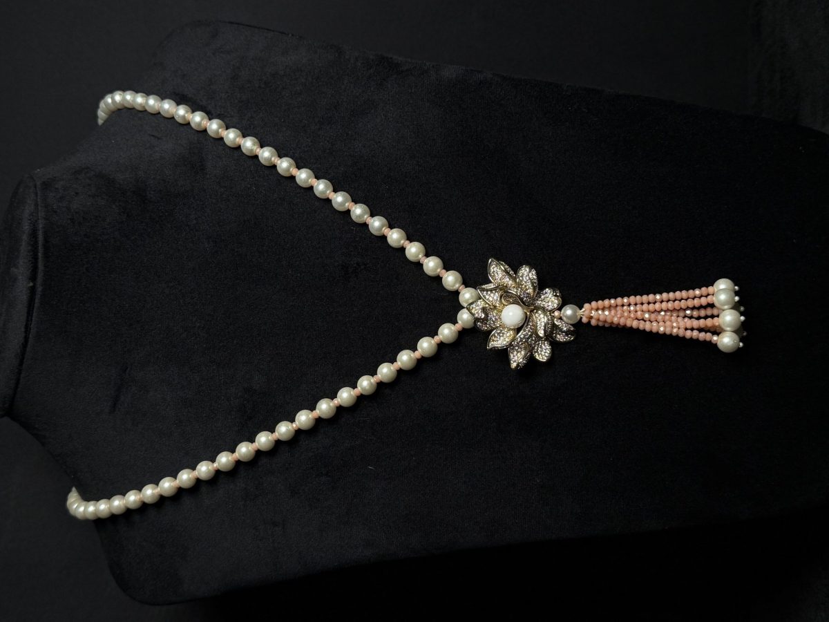 Flower Pearl Sautoir Necklace (Long Fashion Jewellery Mala) Pink - Jewelist.pk