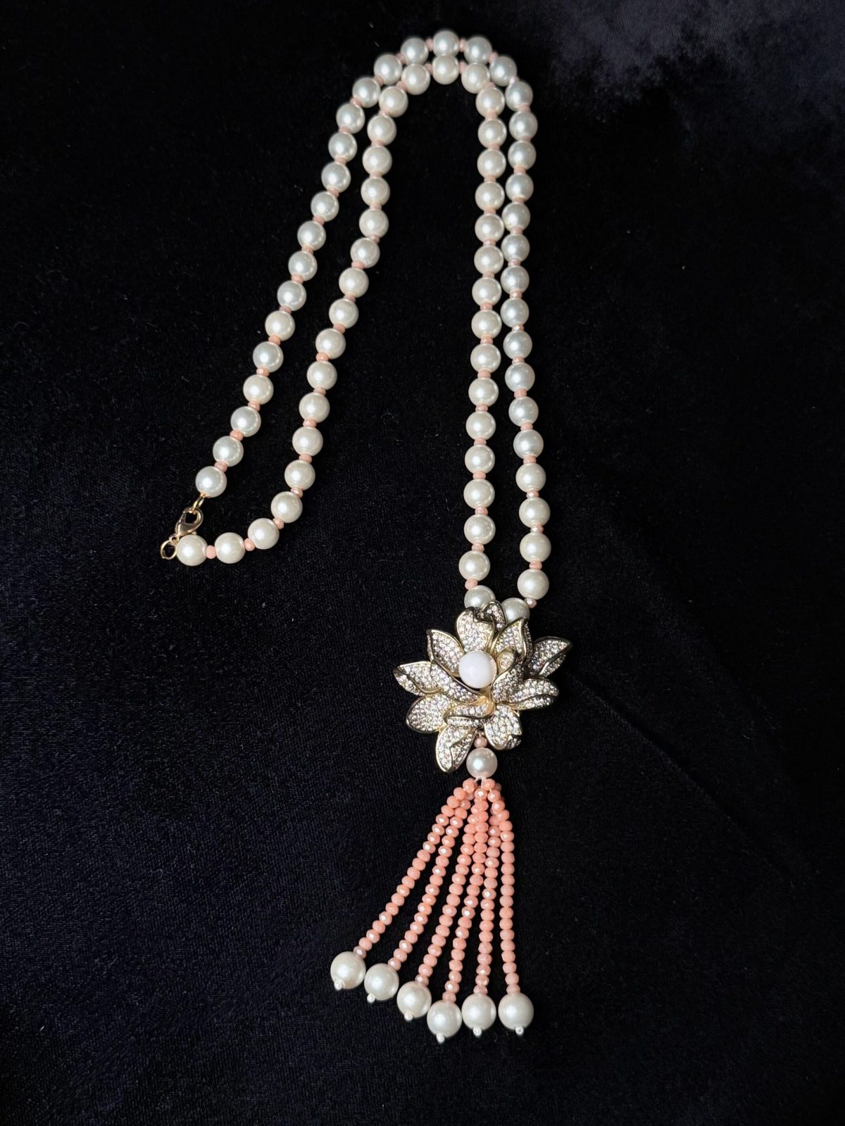 Flower Pearl Sautoir Necklace (Long Fashion Jewellery Mala) Pink - Jewelist.pk