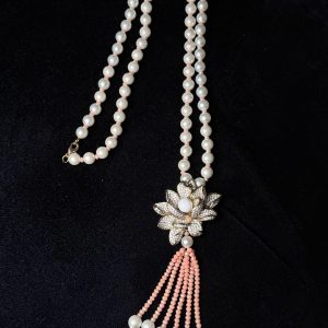 Flower Pearl Sautoir Necklace (Long Fashion Jewellery Mala) Pink - Jewelist.pk