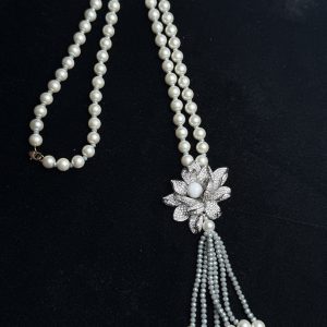 Flower Pearl Sautoir Necklace (Long Fashion Jewellery Mala) Grey - Jewelist.pk