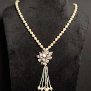 Flower Pearl Sautoir Necklace (Long Fashion Jewellery Mala) Grey - Jewelist.pk