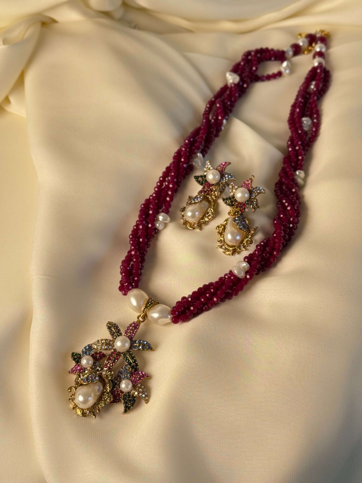 Mirah Emerald Green Crystal & Pearl Jewellery Mala Set in Maroon (Necklace & Earrings) - Jewelist.pk (Fashion Jewellery)