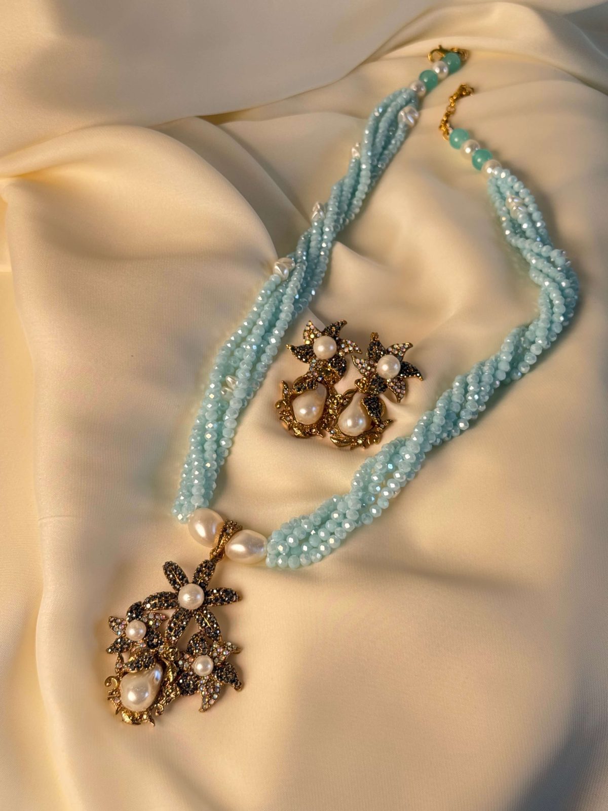 Mirah Emerald Green Crystal & Pearl Jewellery Mala Set in Sky Blue (Necklace & Earrings) - Jewelist.pk (Fashion Jewellery)