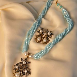 Mirah Emerald Green Crystal & Pearl Jewellery Mala Set in Sky Blue (Necklace & Earrings) - Jewelist.pk (Fashion Jewellery)