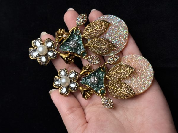 Pixie Bloom Crystal & Pearl Drop Earrings in dark green] - Jewelist.pk