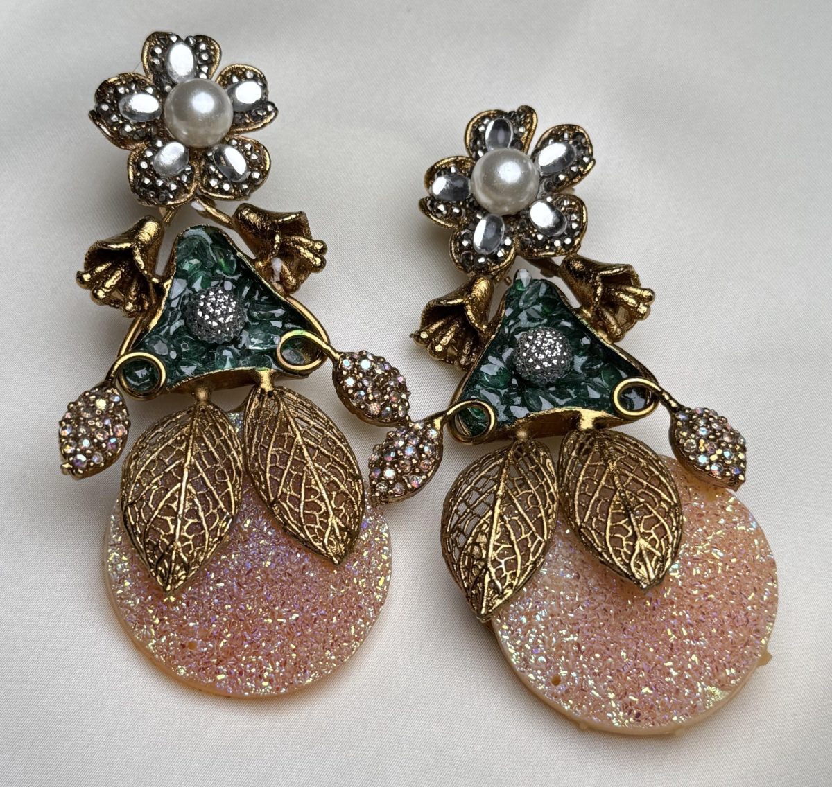 Pixie Bloom Crystal & Pearl Drop Earrings in dark green] - Jewelist.pk
